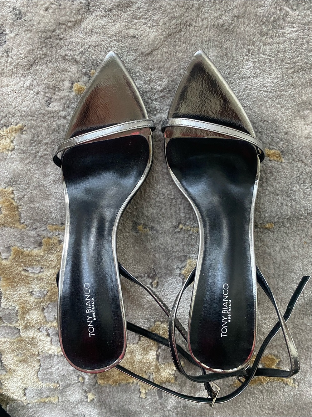 Tony Bianco Australia Metallic Silver Pointed Toe Ankle-Strap Heels. Worn once